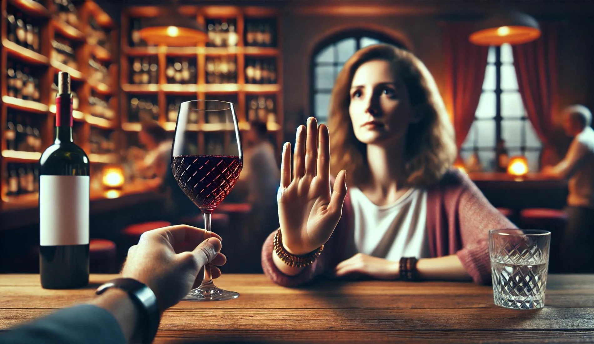 Woman Refusing to Drink Wine in Bar. Concept of Alcoholism