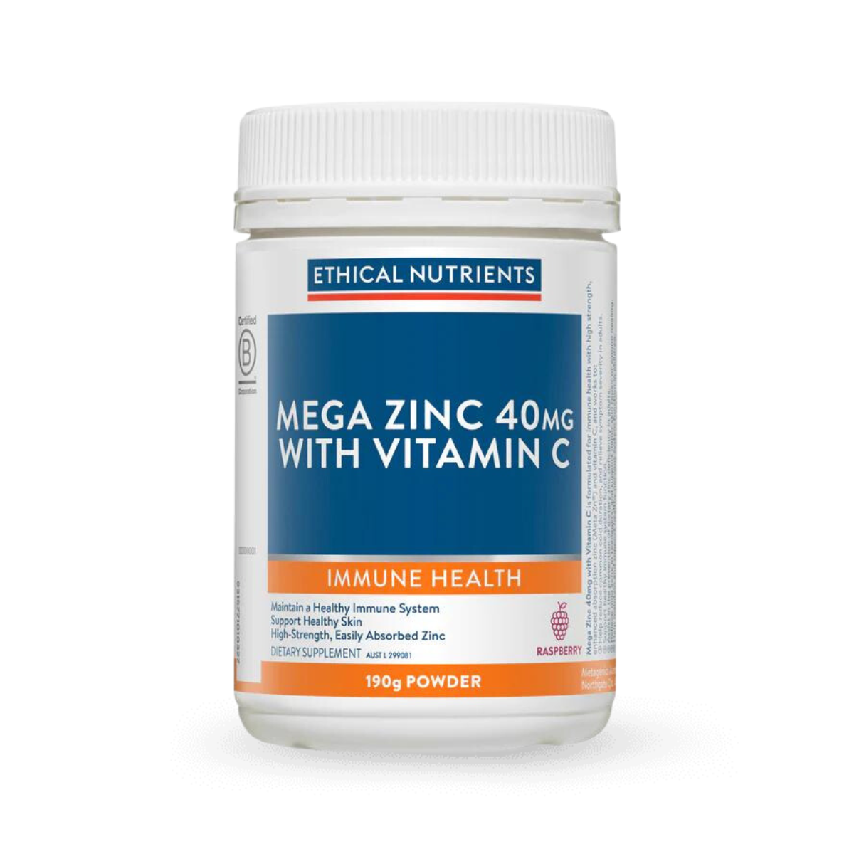 Mega Zinc 40mg with Vitamin C Powder Raspberry 190g