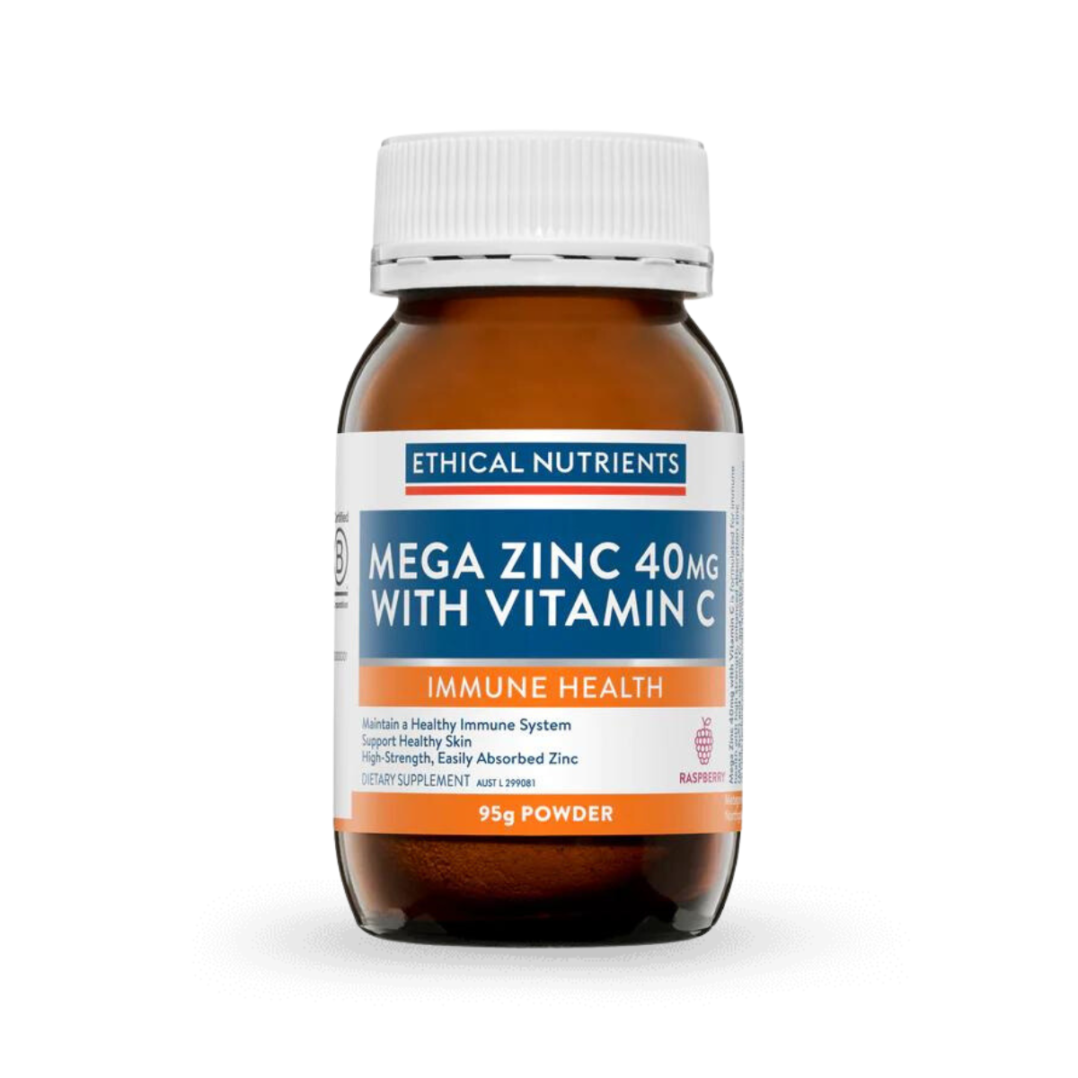 Ethical Nutrients Mega Zinc 40mg with Vitamin C Powder Raspberry 95g